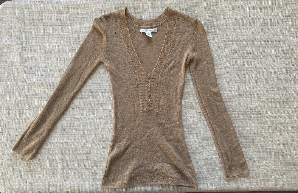 Susana Monaco Womens 100% Wool V-Neck Henley Long Sleeve Top Brown Size M